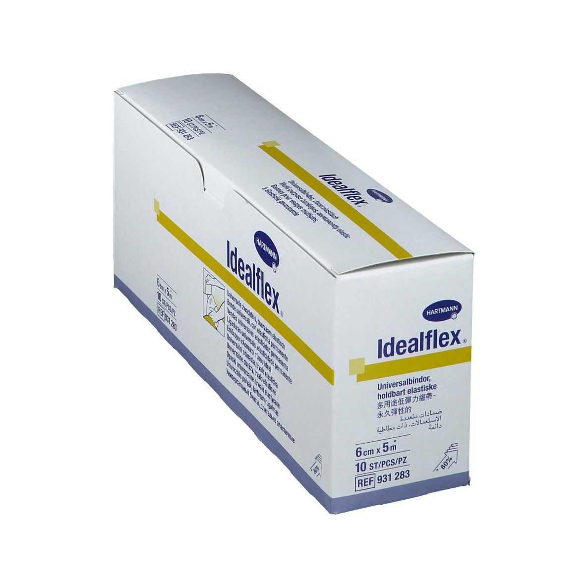 Confezione Hartmann Idealflex. Nome e logo del prodotto. Dimensione: 6 cm x 5 m. Contiene 10 pezzi. Numero di riferimento 931 283.