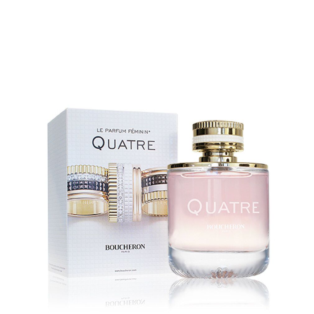 Flacone di profumo e confezione. Scritta: Quatre, Boucheron. Illustrazione di anelli. Liquido rosa.