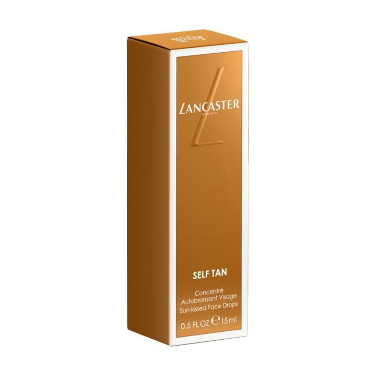 Scatola marrone con cornice bianca. Scritta: Lancaster, Self Tan, Concentré Autobronzant Visage, 0.5 FL OZ 15ml.