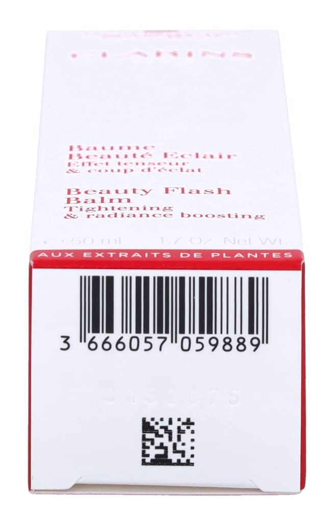 Confezione bianca, testo rosso. Scritta: Clarins, Baume Beauté Eclair, Beauty Flash Balm. Codice a barre e QR code.