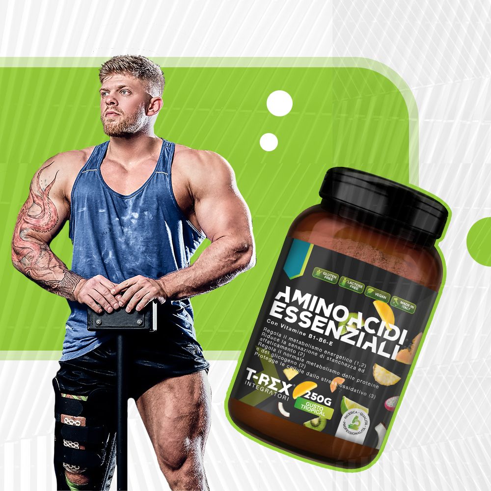 Barattolo marrone di aminoacidi. Testo: aminoacidi, con vitamine, T-Rex, 250g. Uomo muscoloso, in palestra.