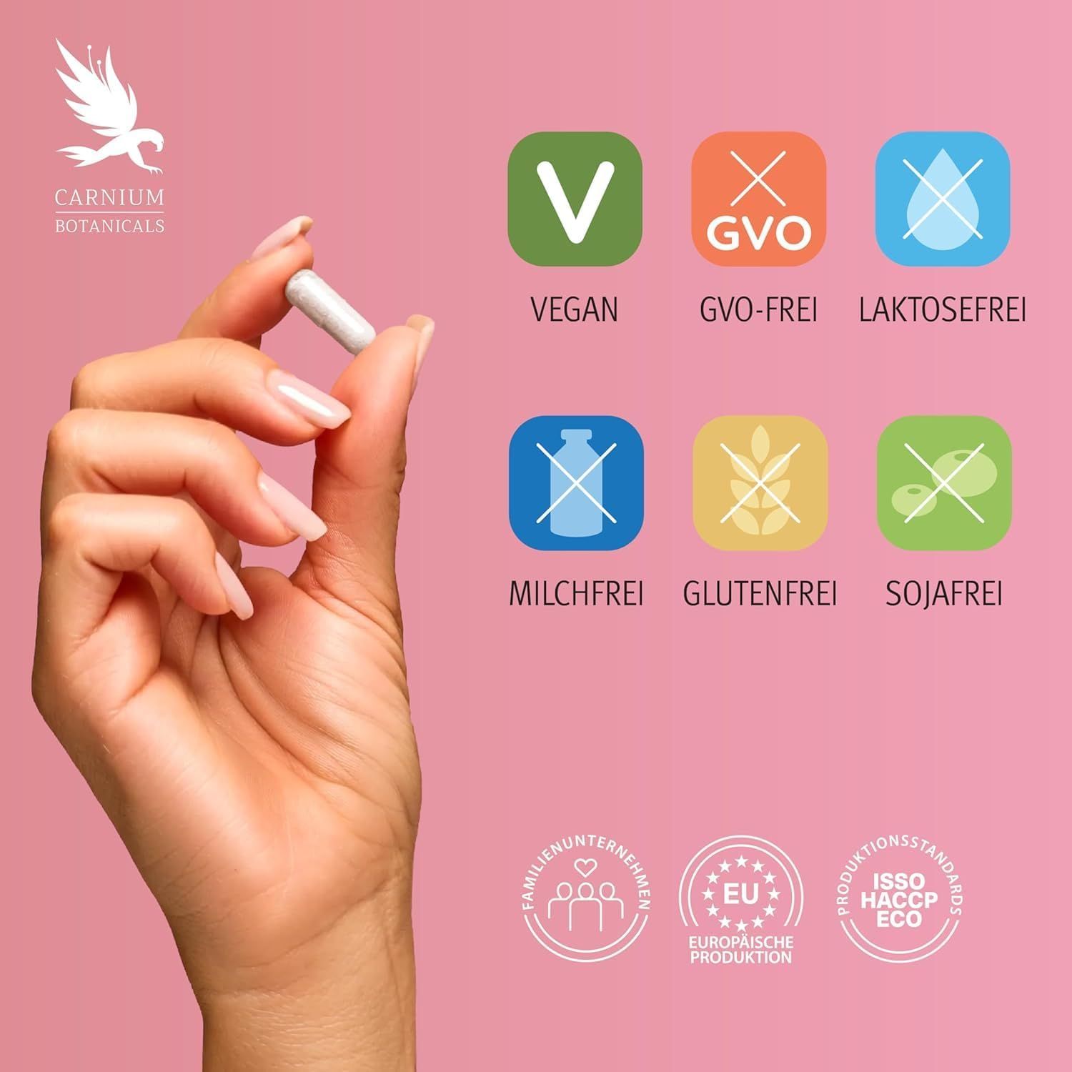 Mano tiene capsula. Loghi: Vegano, senza OGM, senza lattosio, senza latte, senza glutine, senza soia. Loghi: azienda familiare, UE.