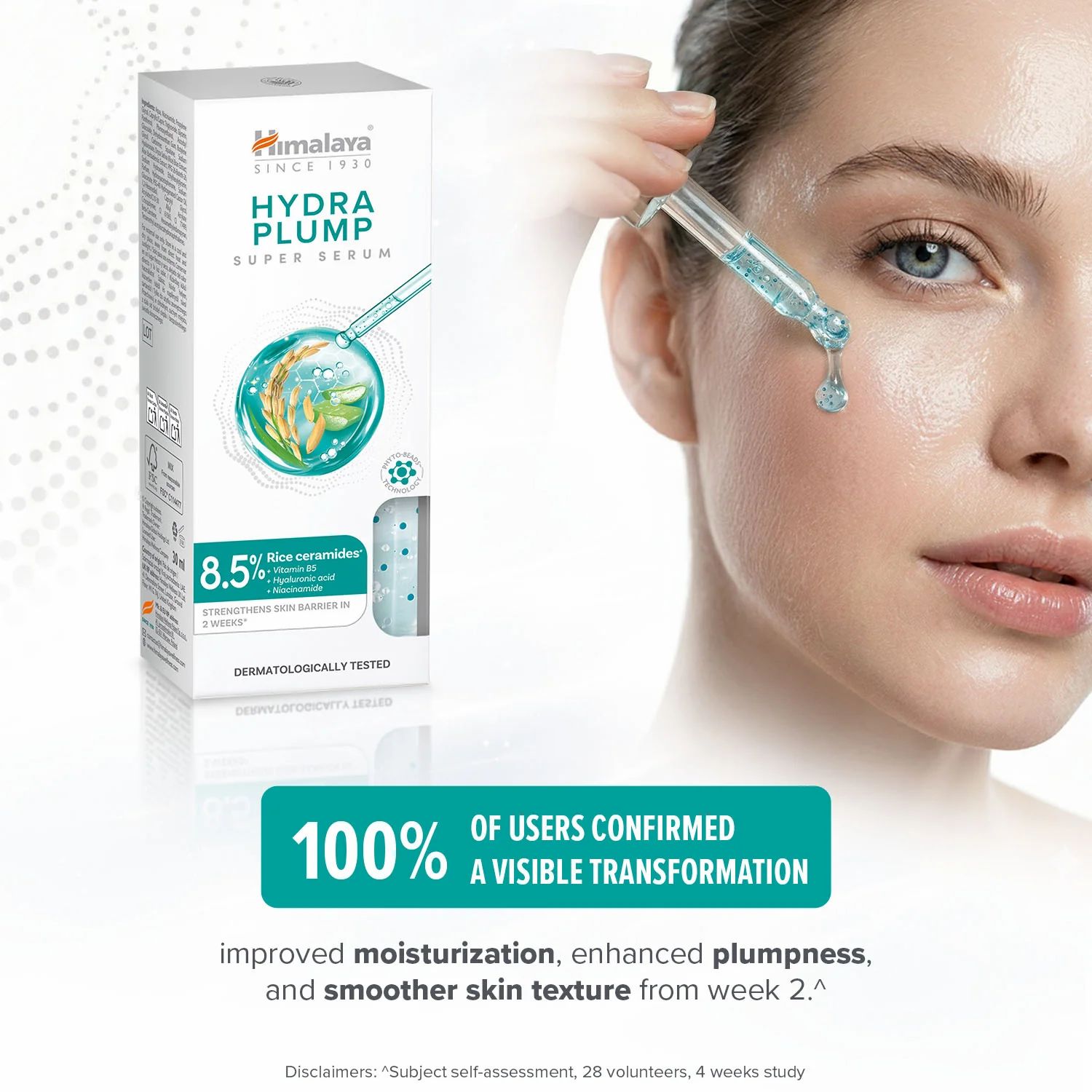 Flacone di siero e confezione. Scritta: Hydra Plump Super Serum. Il 100% degli utenti ha confermato una trasformazione visibile.