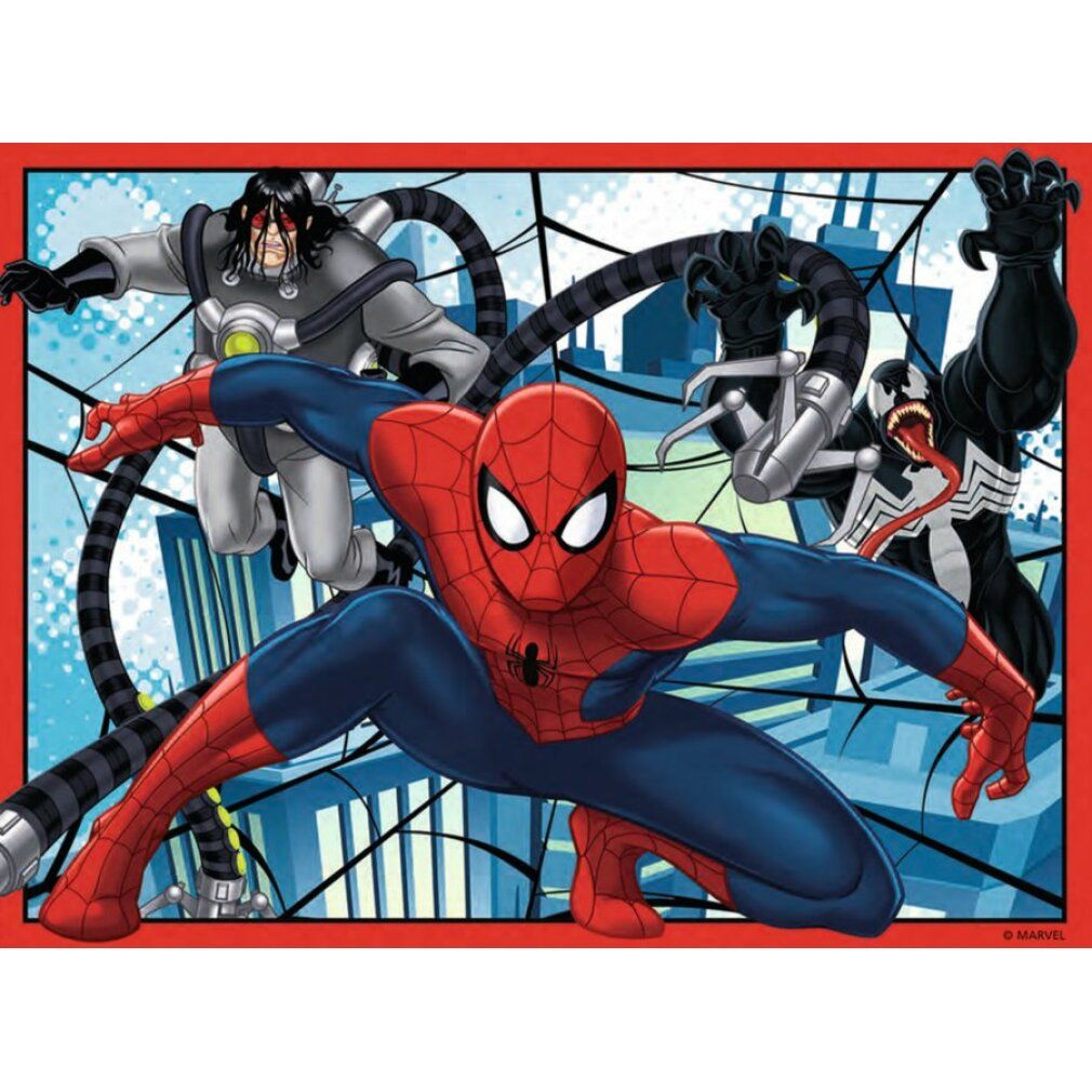 Scatola puzzle con quattro puzzle. Ogni puzzle mostra Spiderman in diverse pose. Loghi Ravensburger e Marvel visibili.