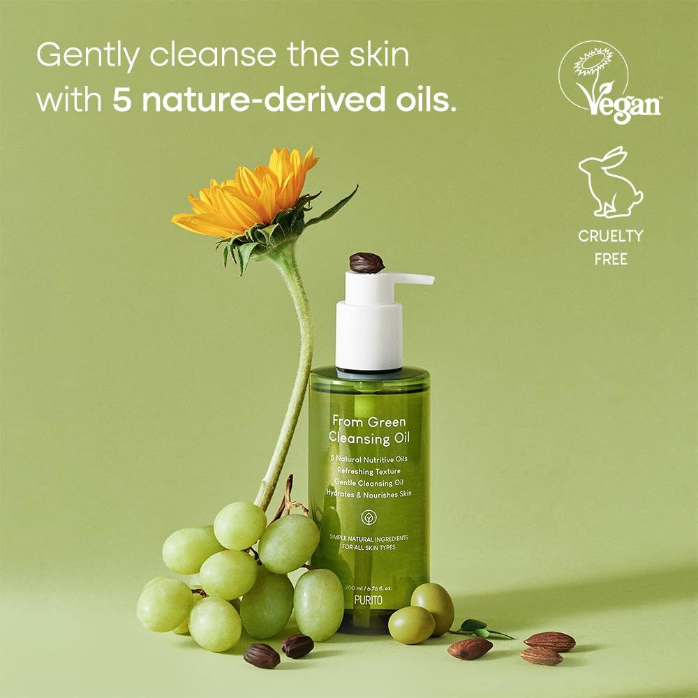 Olio detergente verde con pompa, uva, girasole, mandorle. Sigilli vegan e cruelty-free.