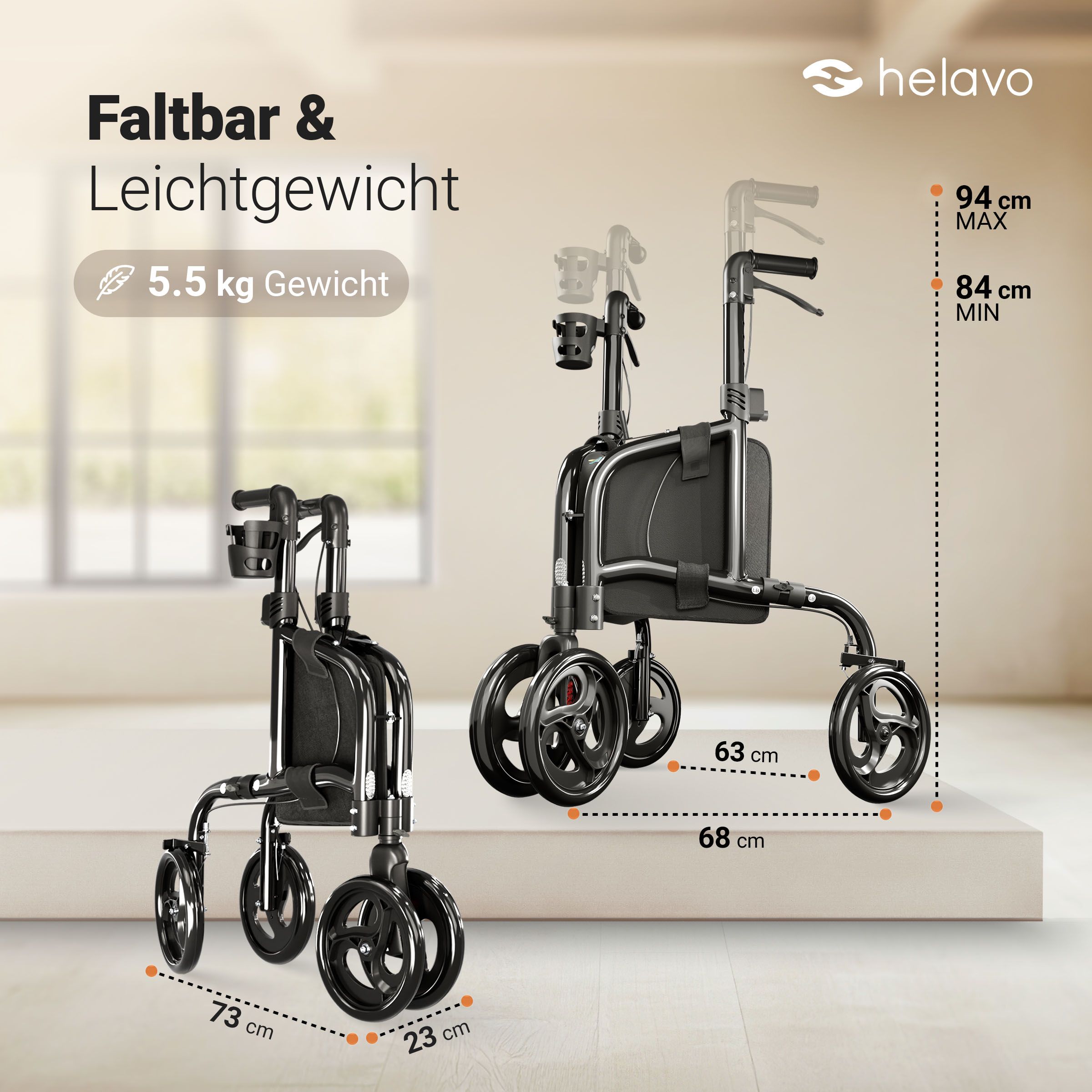 Rollator compatto e pieghevole in alluminio, 5,5 kg, con dimensioni.