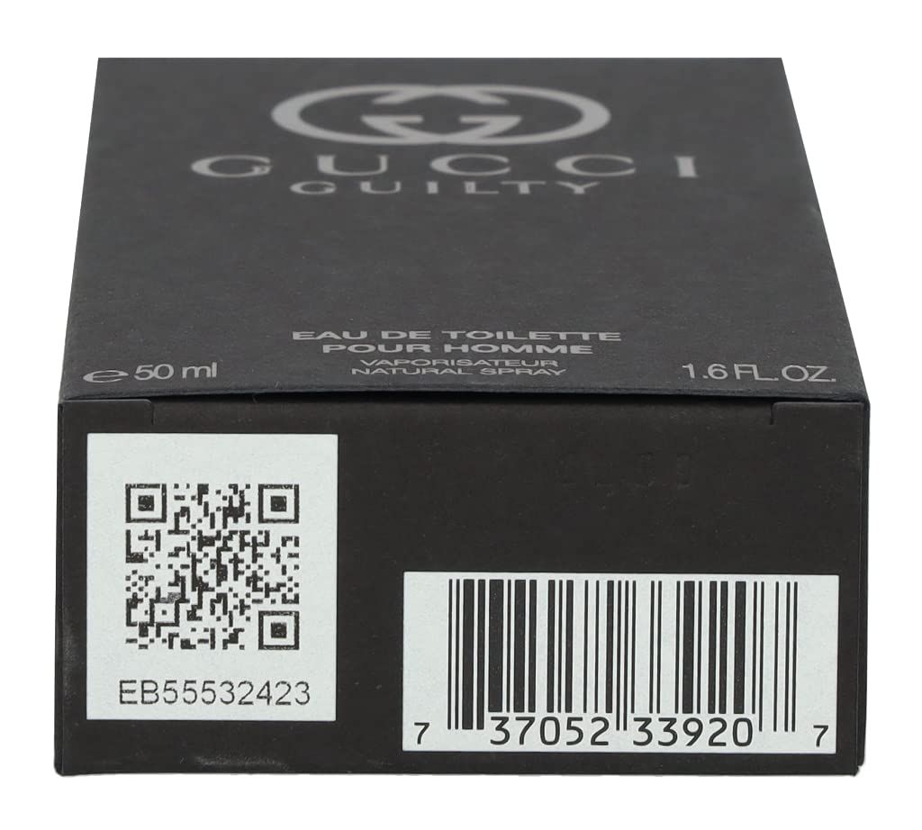 Parte superiore della confezione GUCCI Guilty Homme. Scatola nera con logo, codice QR e codice a barre. Volume: 50 ml.