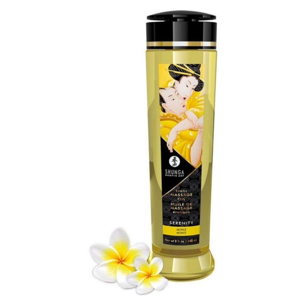 Flacone giallo con tappo nero. Etichetta con illustrazione. Testo: SHUNGA, Massage Oil, Serenity. Due fiori.