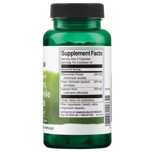 Retro del flacone verde. Scritta: Supplement Facts. Ingredienti: Fiore di camomilla, Luppolo, Radice di valeriana. 30 porzioni.