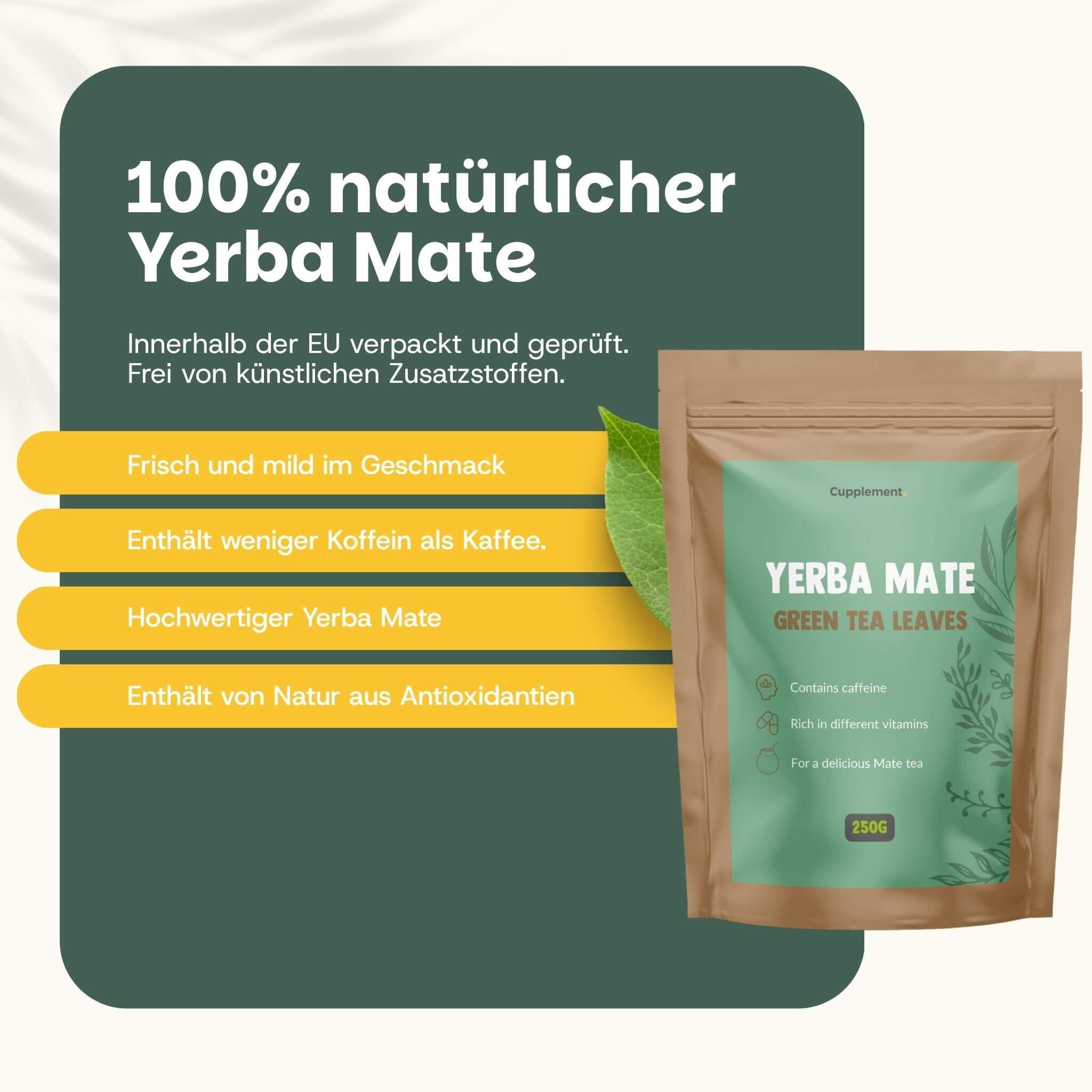 Bustina marrone con Yerba Mate Green Tea Leaves. Contiene 250g.