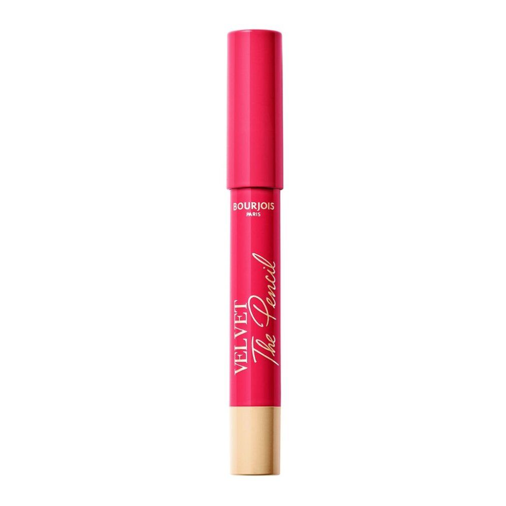 Matita labbra rosa con scritta dorata. Scritta: Bourjois Paris, Velvet The Pencil. Base beige.