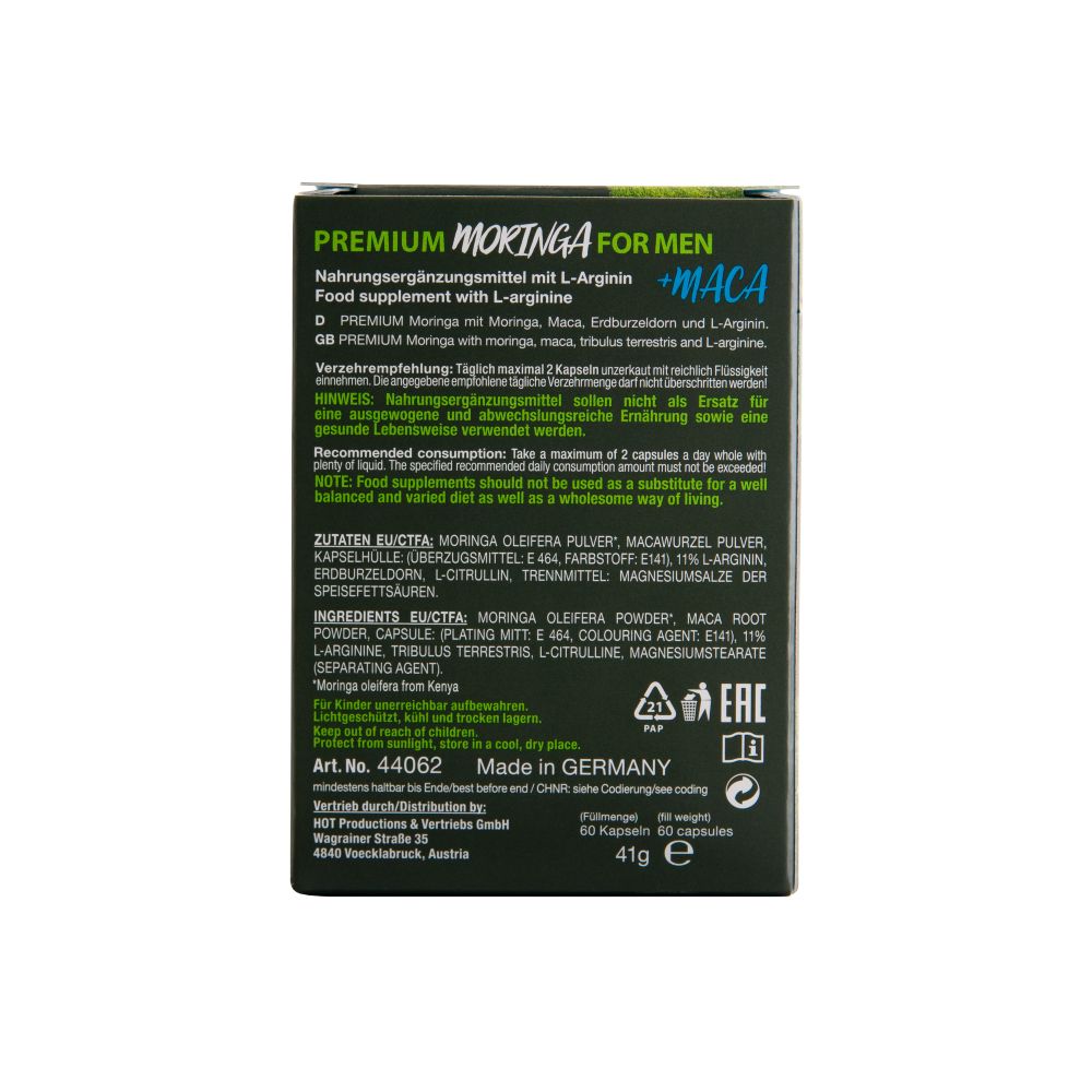 Retro della scatola con ingredienti e informazioni nutrizionali. Sigillo vegano.