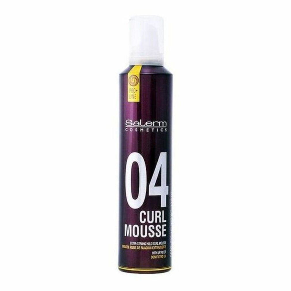 Flacone cilindrico con erogatore bianco. Scritta: Salerm Cosmetics, 04 Curl Mousse. Confezione viola e oro.
