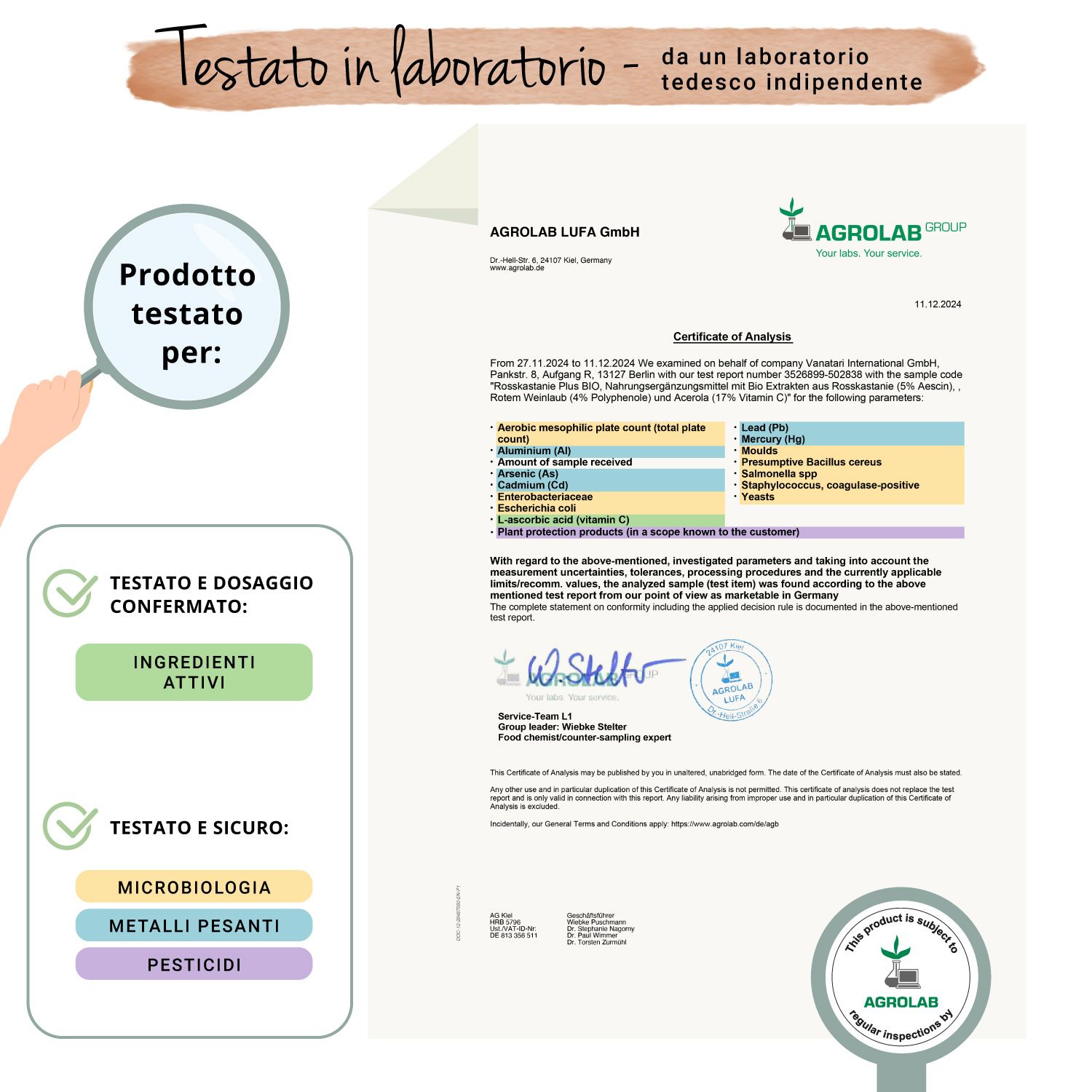 Rapporto di certificazione di Agrolab. Conferma degli ingredienti e del dosaggio. Testato per microrganismi, metalli pesanti e pesticidi.