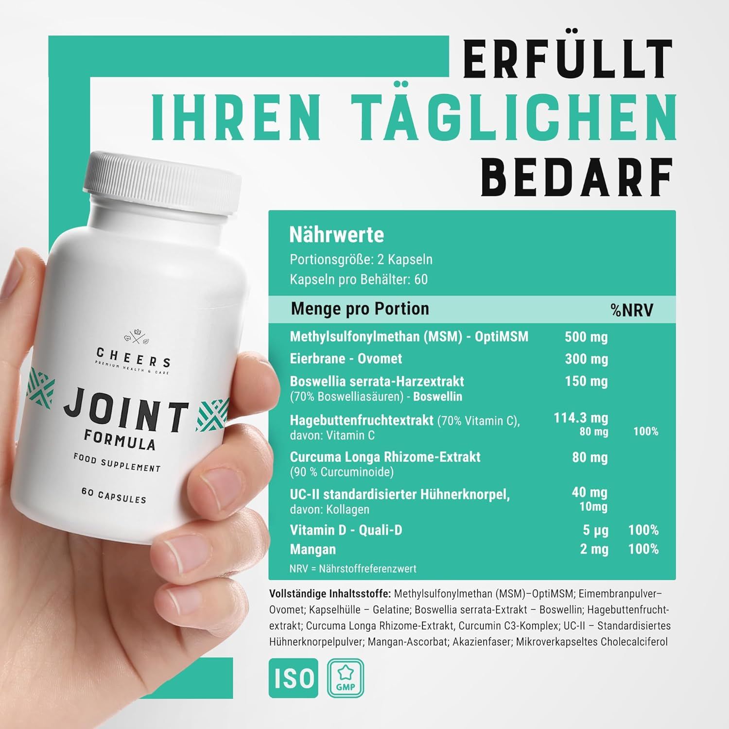 Mano che tiene un flacone di capsule. Scritta: JOINT FORMULA. Contiene MSM, Boswellia, vitamina C, curcuma, vitamina D.
