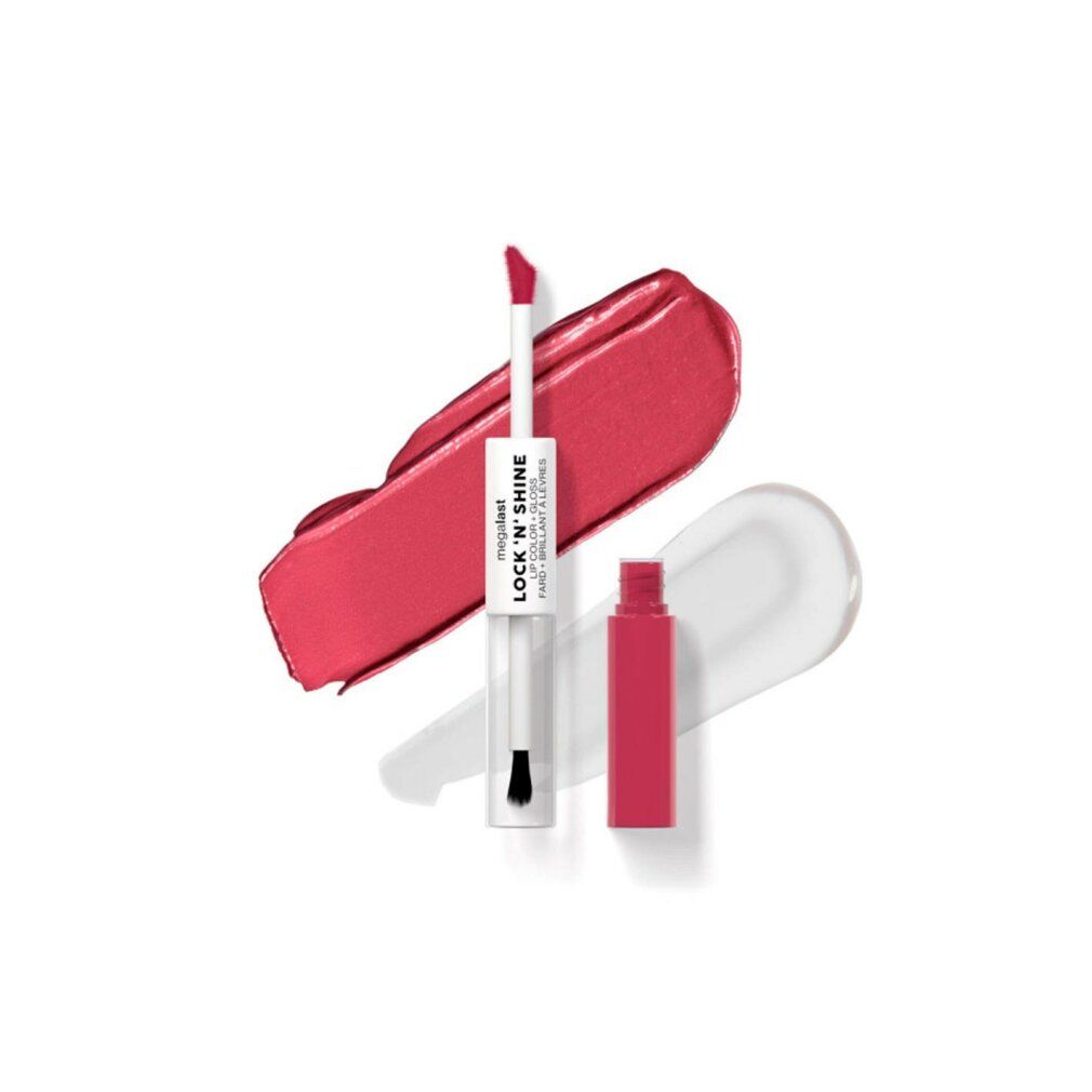 Prodotto labbra con colore rosa e lucentezza trasparente. Con applicatore e pennello. Prodotto e campione di colore.