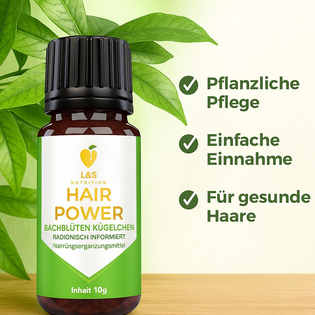 Flacone di vetro marrone con tappo nero ed etichetta verde. Scritta: HAIR POWER, Bachblüten Kügelchen, contenuto 10g. Foglie sullo sfondo.