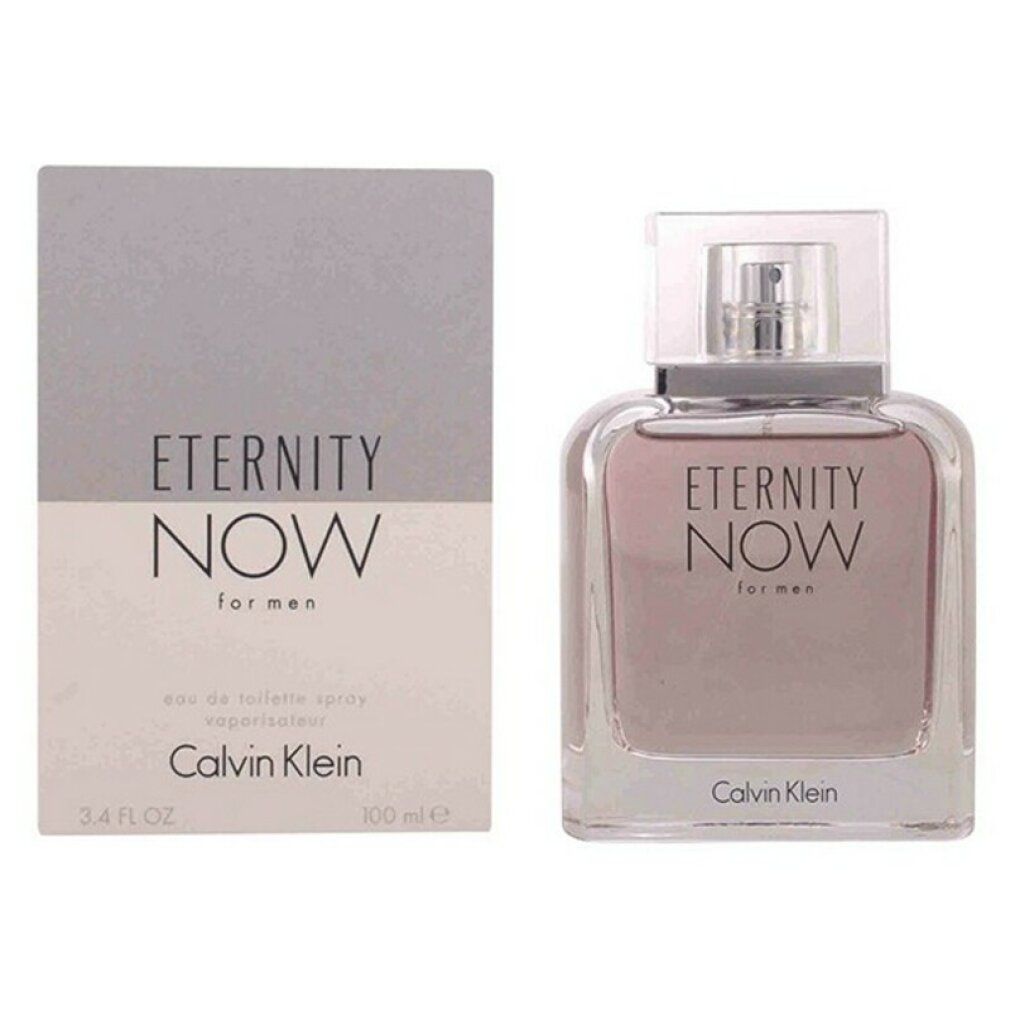Flacone e confezione di Calvin Klein Eternity Now for Men. Scritta: Eternity Now for men, Calvin Klein, 100 ml.