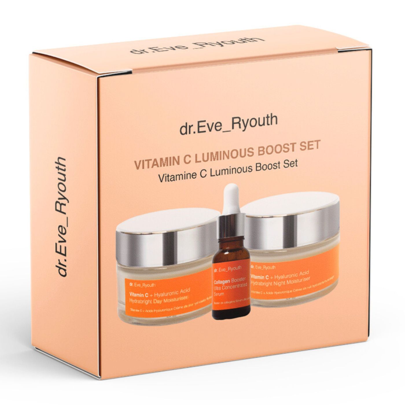 Set con creme e siero in scatola. Scritte: dr.Eve_Ryouth, Vitamin C Luminous Boost. Creme con coperchi, siero con pipetta.