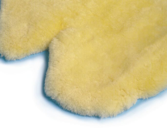 Pelle di pecora gialla, primo piano. Tessuto soffice, forma irregolare con bordi arrotondati. Su sfondo bianco.