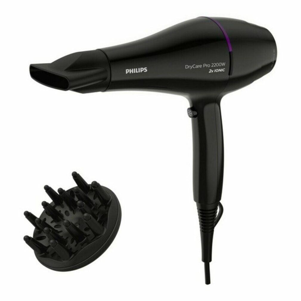 Asciugacapelli nero con diffusore. Scritta Philips, DryCare Pro 2200W, 2x IONIC.