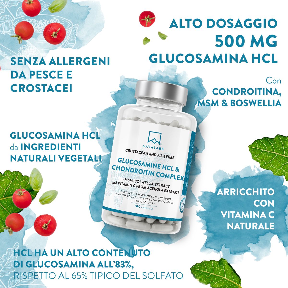 Aavalabs Glucosamina HCL & Condroitina Complex capsule. Flacone con etichetta blu. Grafica con ingredienti.