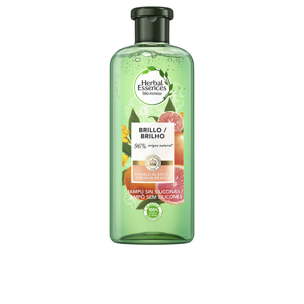 Flacone di shampoo verde con tappo nero. Etichetta con nome del prodotto, ingredienti e logo. Brillo/Brilho. Pomelo/Toronja Blanca.