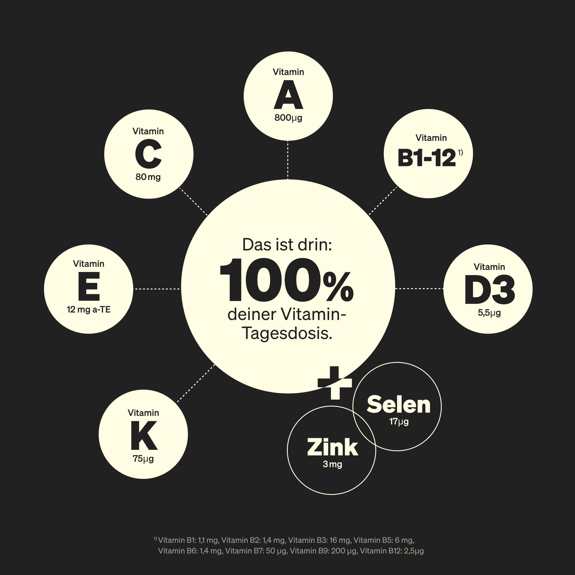 Rappresentazione circolare di vitamine e minerali. Contiene vitamina A, C, E, K, B1-12, D3, zinco e selenio.