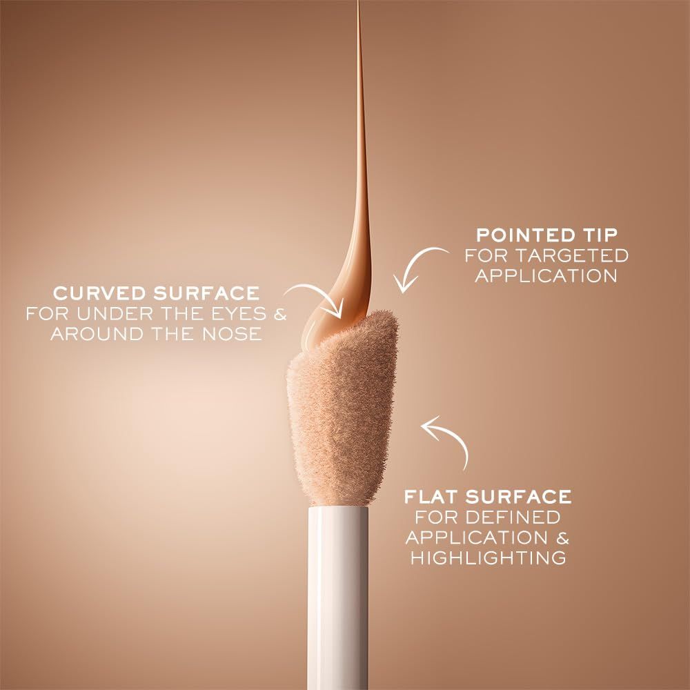 Primo piano dell'applicatore. Scritta: Curved Surface, Pointed Tip, Flat Surface. Texture e forma dell'applicatore.