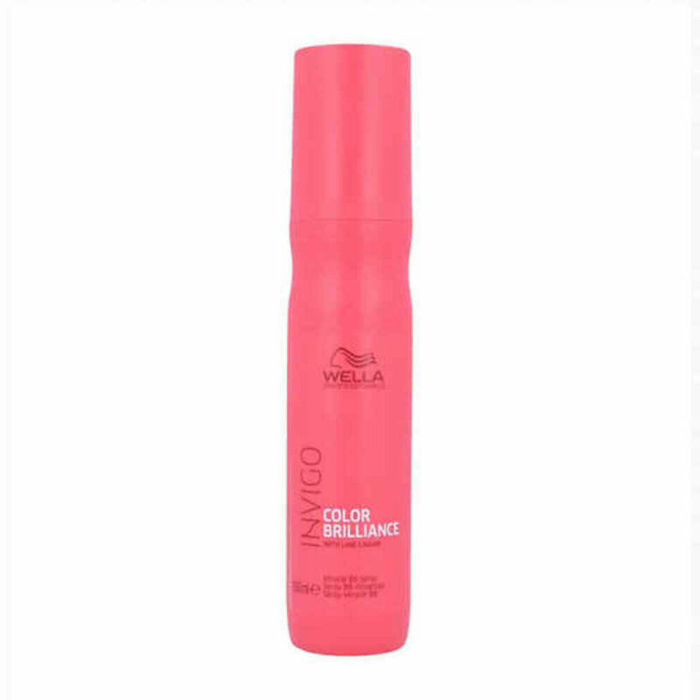 Flacone spray rosa. Scritta: Wella Invigo Color Brilliance. Logo. Flacone in posizione verticale.
