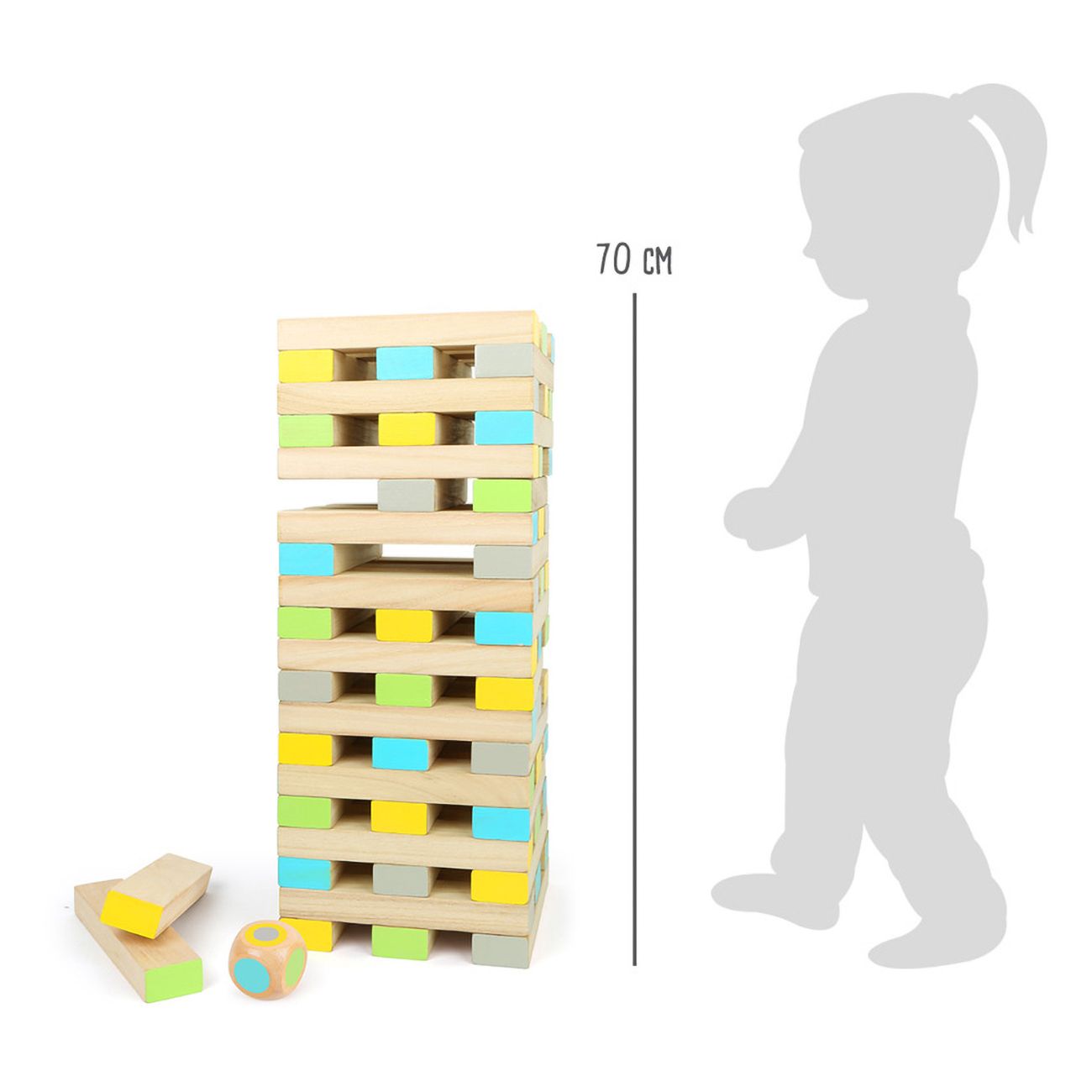 Torre di legno con blocchi rimossi, dadi e blocchi accanto. Linea di misura da 70 cm vicino a sagoma.