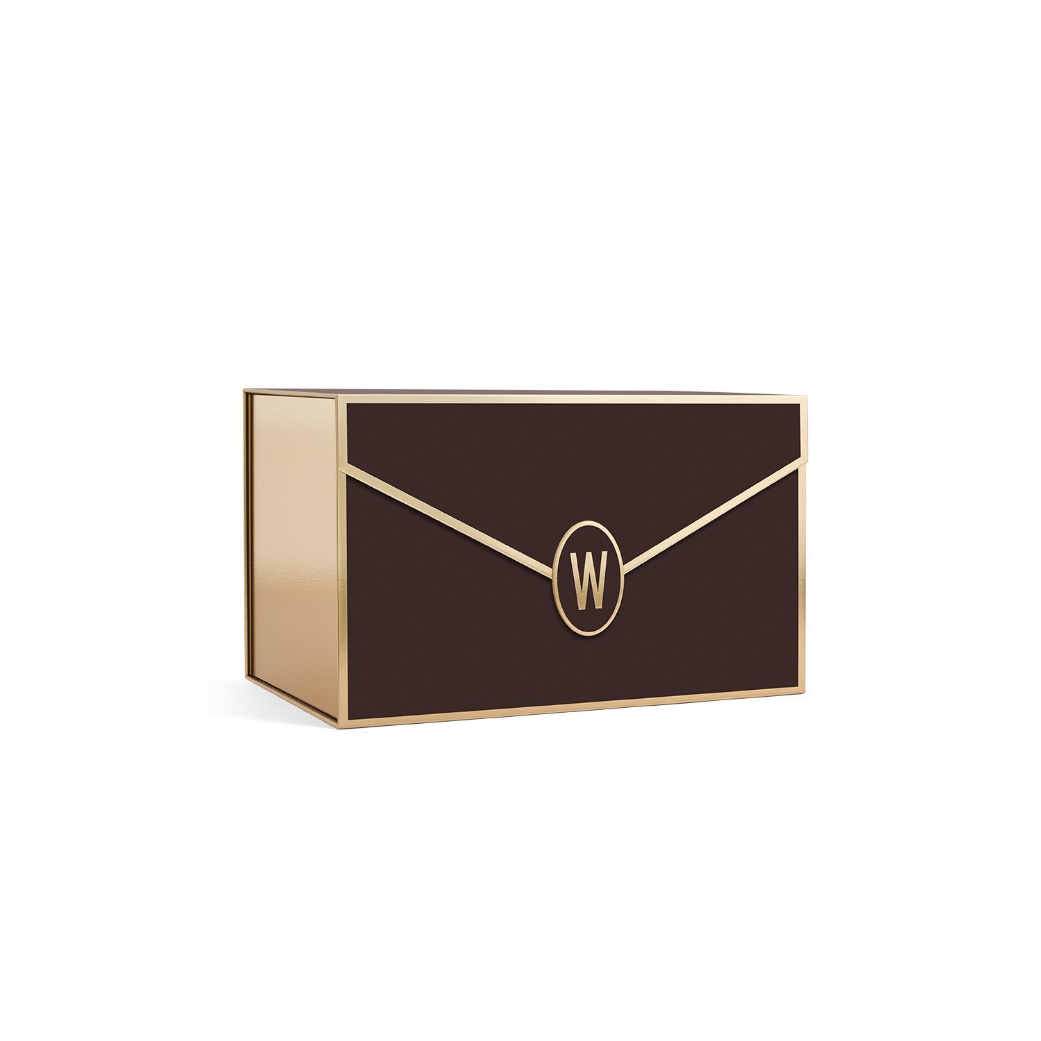 Scatola marrone con dettagli dorati e logo "W". Forma rettangolare, design a busta.