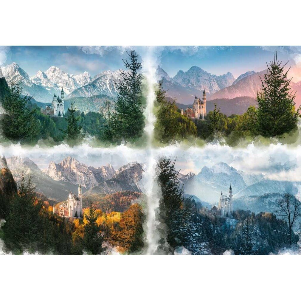 Puzzle con castello in quattro stagioni. Montagne, alberi, castello. 4 immagini.