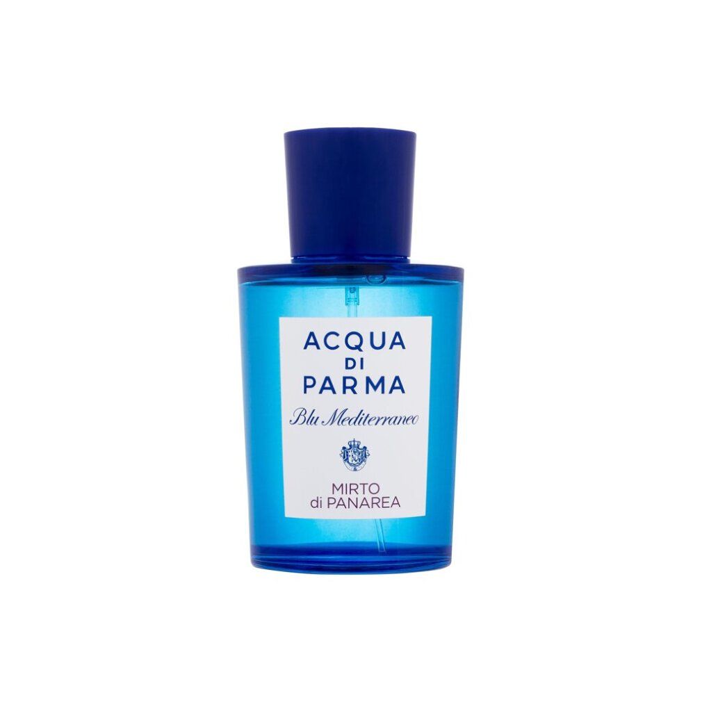Flacone di vetro blu con tappo blu. Etichetta bianca con scritta: ACQUA DI PARMA, Blu Mediterraneo, Mirto di Panarea.