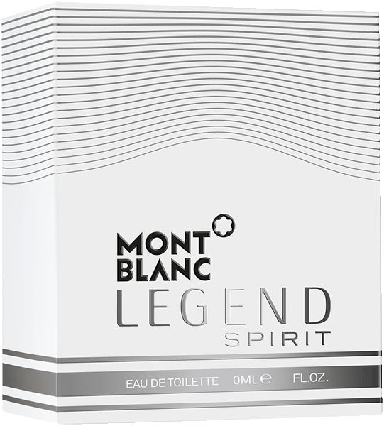 Confezione bianca con scritta: MONTBLANC LEGEND SPIRIT. Eau de Toilette. Scritta nera.