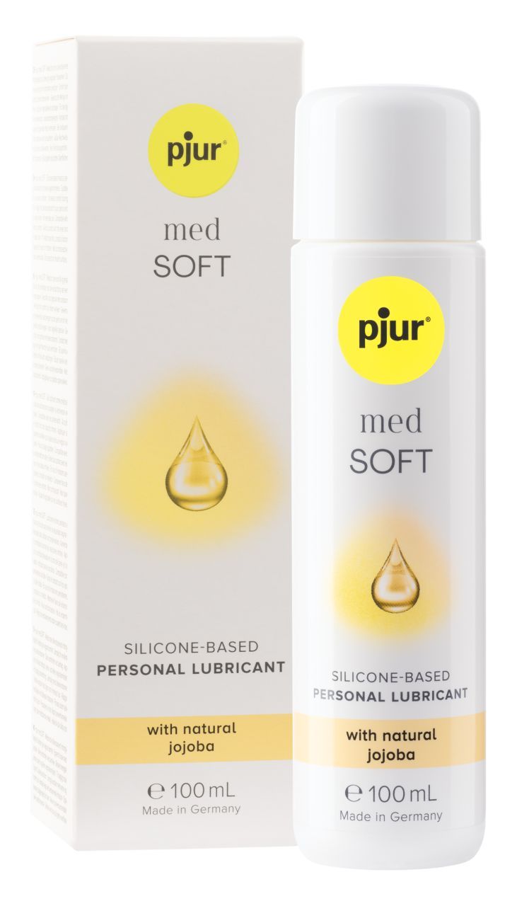 Lubrificante pjur med SOFT, flacone e scatola da 100ml. A base di silicone con jojoba naturale.