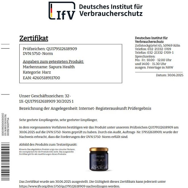 Certificato dell'Istituto tedesco per la protezione dei consumatori. Informazioni sul prodotto: SAPURA Health, resina. Marchio di controllo. Data: 30.06.2025.