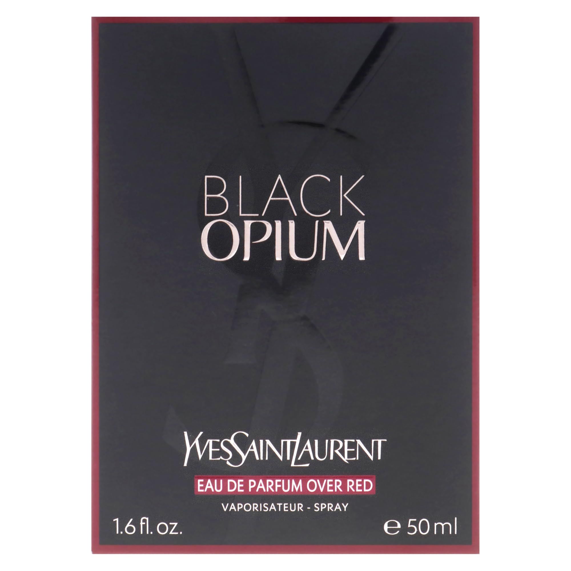 Confezione nera. Scritta 'BLACK OPIUM' e 'YVES SAINT LAURENT'. 'EAU DE PARFUM OVER RED'.