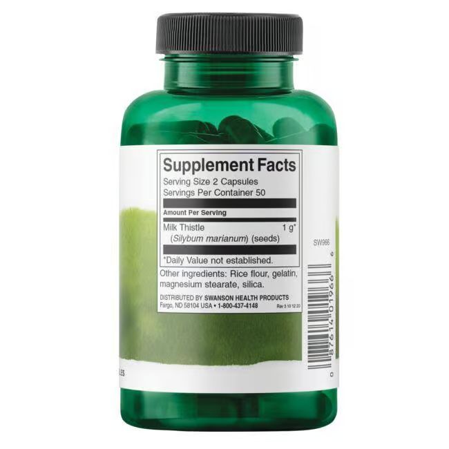 Flacone verde con capsule nere. Etichetta con informazioni nutrizionali e ingredienti: Milk Thistle (cardo mariano).
