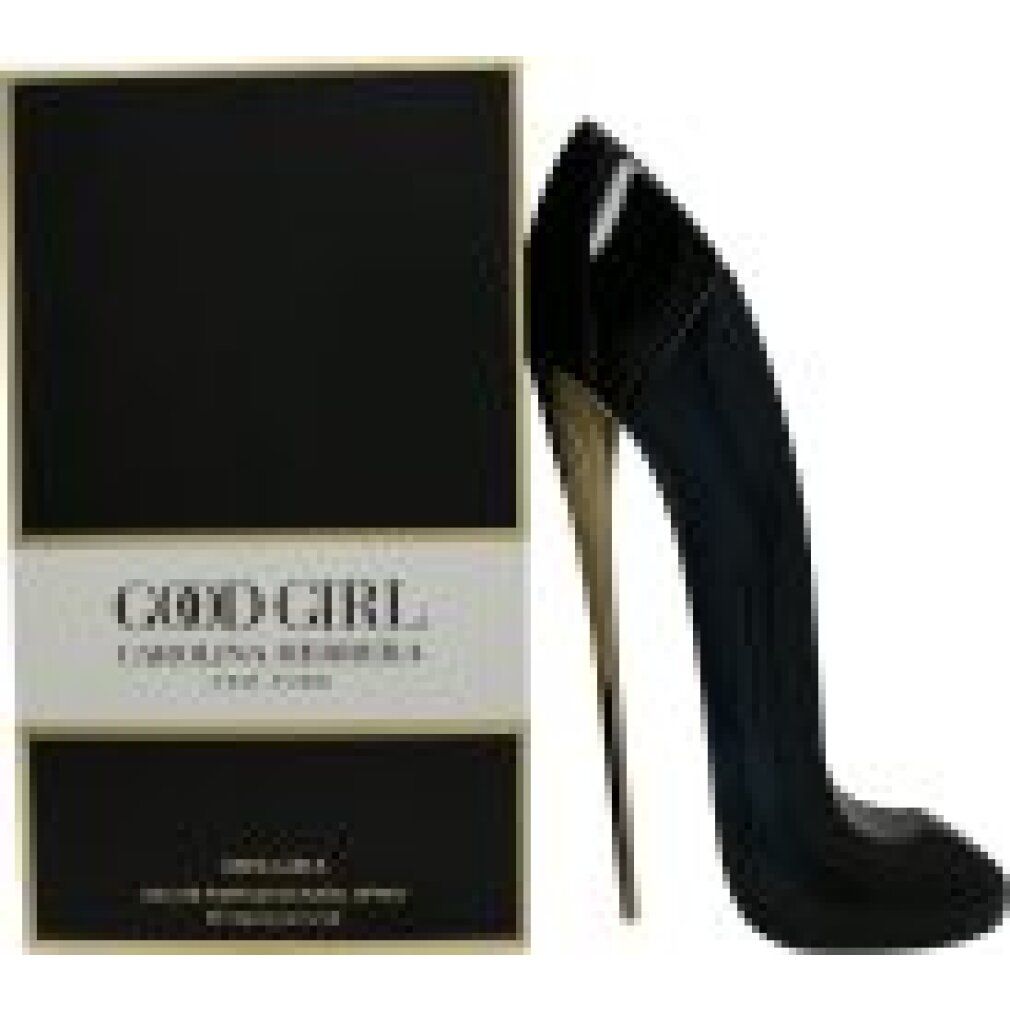 Flacone nero a forma di tacco alto e confezione. Dettagli dorati. Scritta: GOOD GIRL CAROLINA HERRERA NEW YORK.