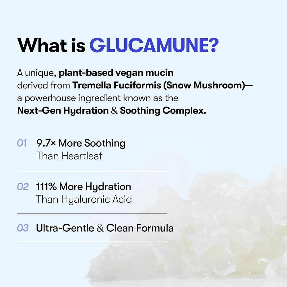 Testo: Cos'è GLUCAMUNE? Descrive ingredienti e benefici. Illustrazione di funghi.