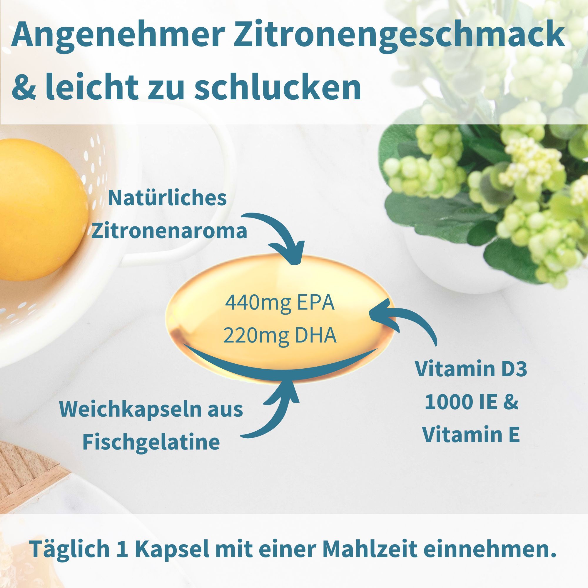Capsula gialla con 440mg EPA, 220mg DHA, Vitamina D3 1000 UI, Vitamina E. Aroma naturale di limone. Capsula di gelatina di pesce.