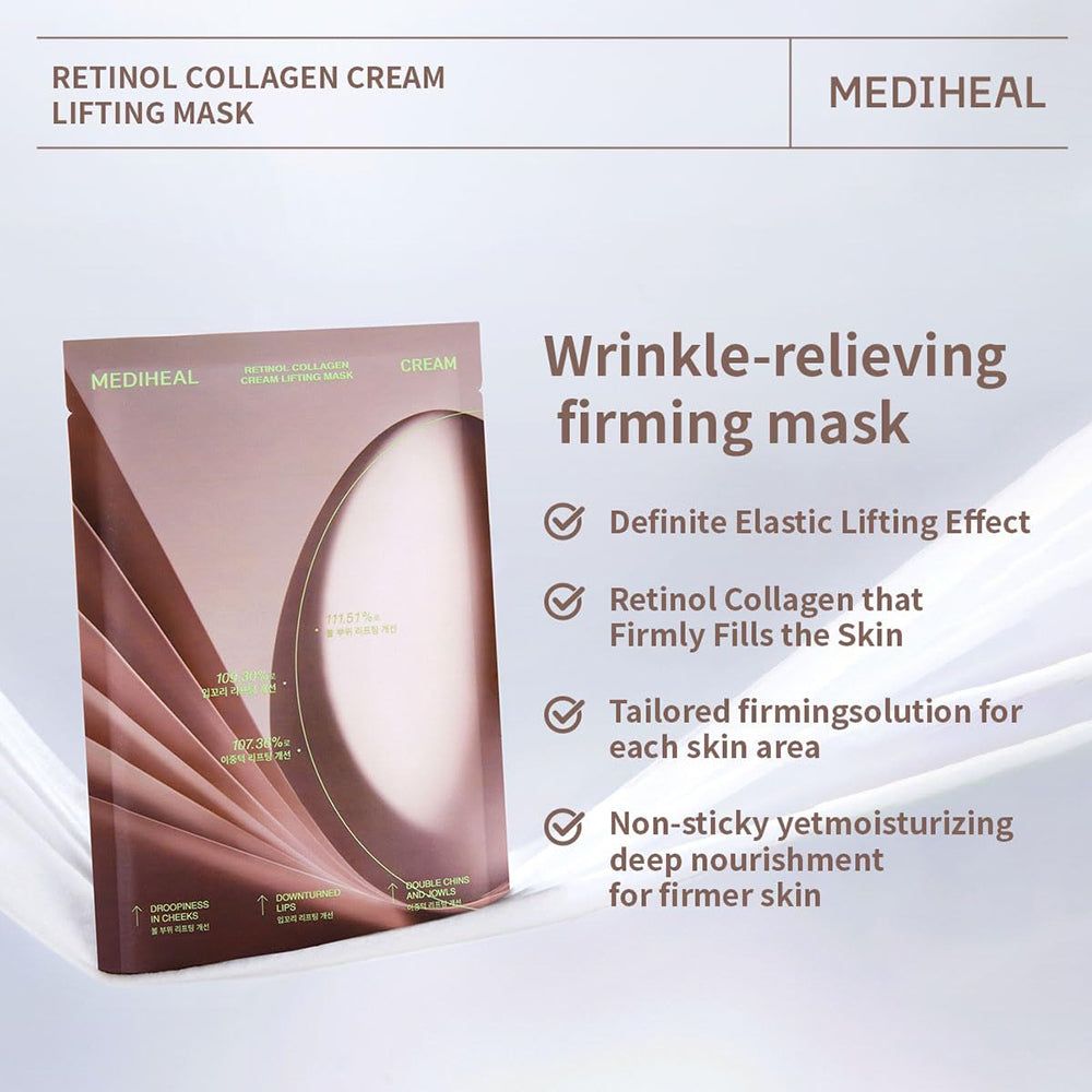 Confezione di MEDIHEAL Retinol Collagen Cream Lifting Mask. Testo: "Wrinkle-relieving firming mask".
