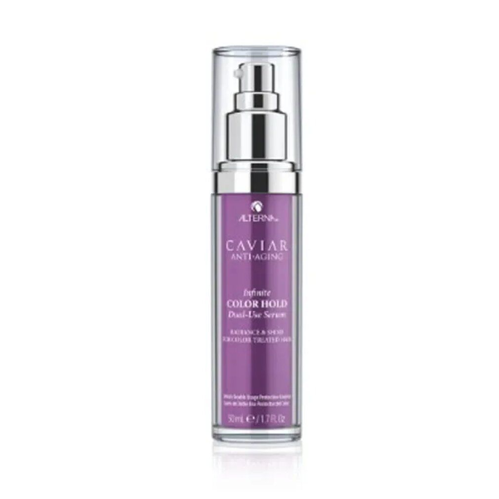 Flacone di siero con pompa argentata e liquido viola. Scritta: Caviar Anti-Aging, Infinite Color Hold Dual-Use Serum.