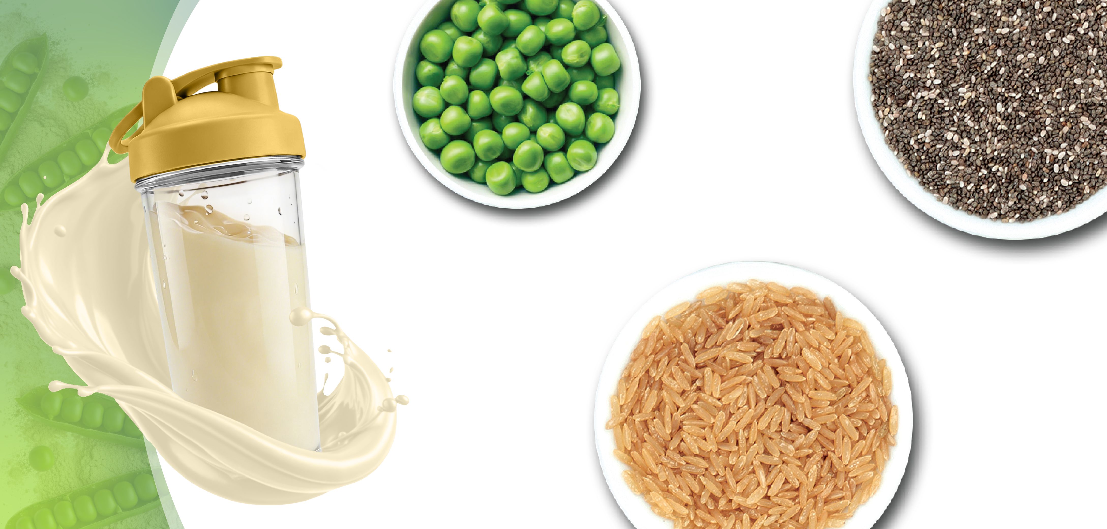Un contenitore per frullato proteico con frullato versato, accanto a ciotole di piselli, semi di chia e riso.