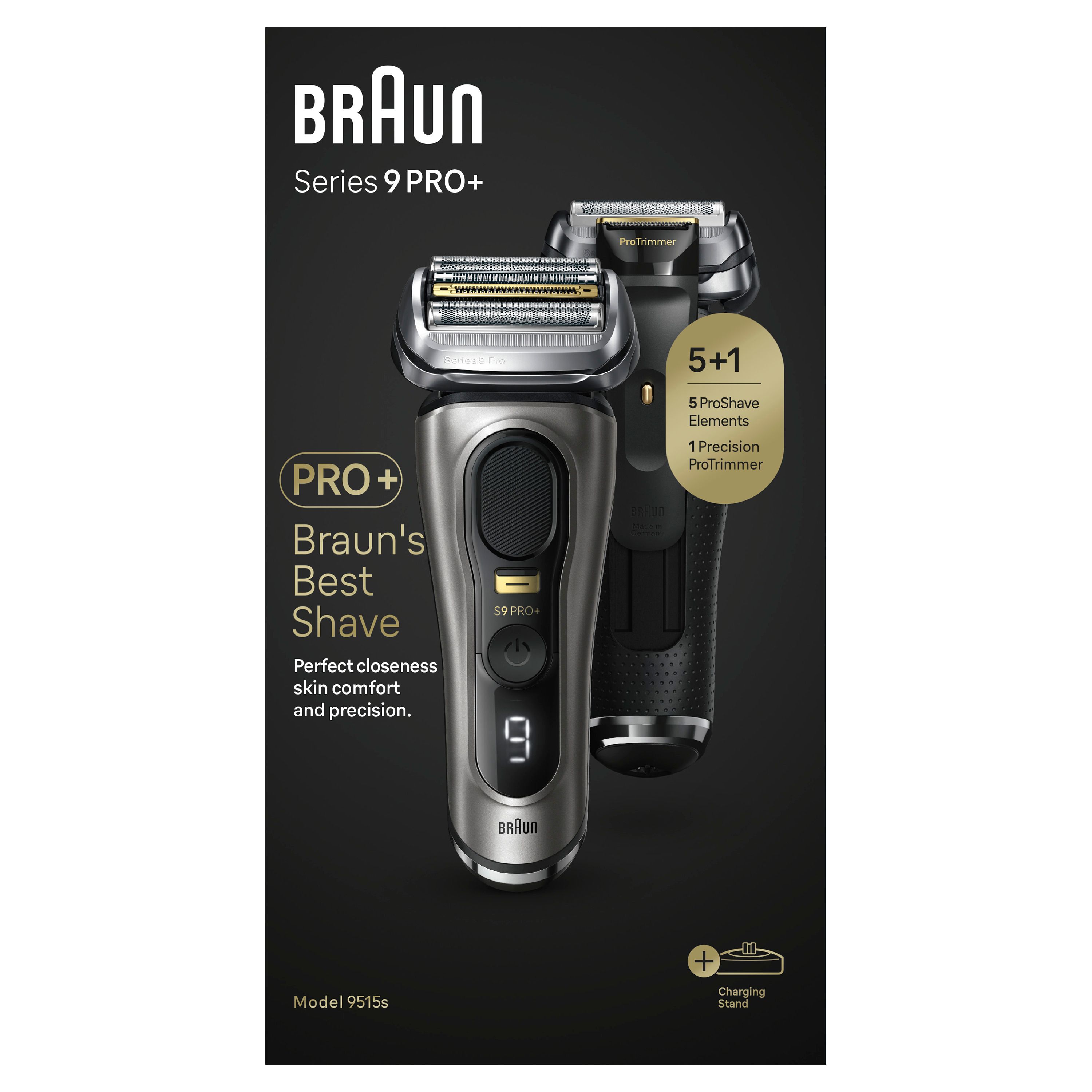 Rasoio Braun Series 9 Pro+. Nero, con stazione di ricarica. 5+1 elementi ProShave. Confezione con testo.