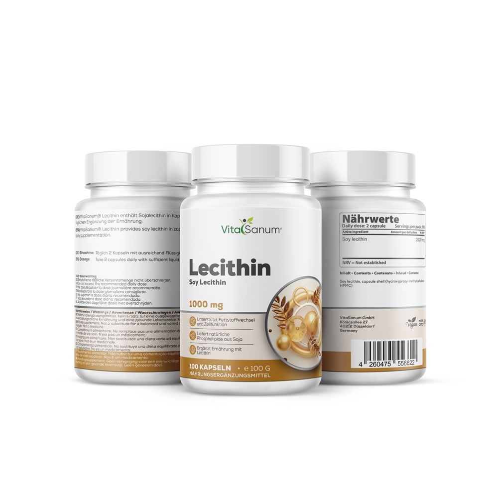 Tre flaconi bianchi di capsule di lecitina VitaSanum. Scritta: Lecitina, 1000 mg, 100 capsule. Etichette marroni con informazioni.