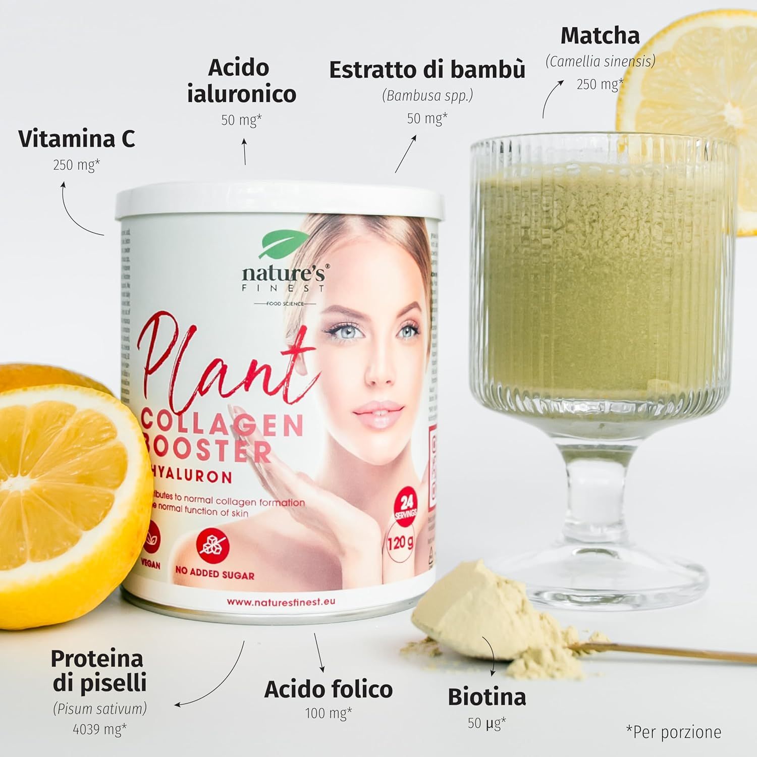 Booster di collagene vegetale Nature's Finest. Con acido ialuronico, vitamina C, matcha, limone e polvere. Ingredienti mostrati.