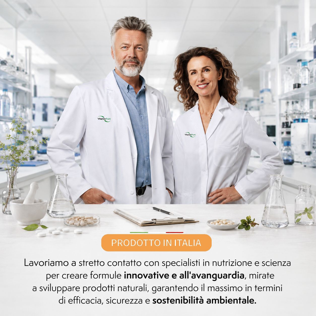 Due scienziati in laboratorio che presentano il prodotto Coenzima Q10.