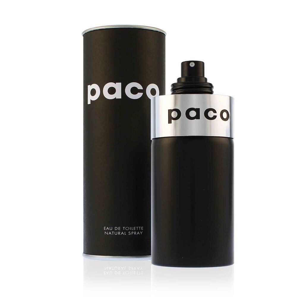 Flacone nero e confezione cilindrica con scritta bianca "paco". Scritta: Eau de Toilette, 100 ml.